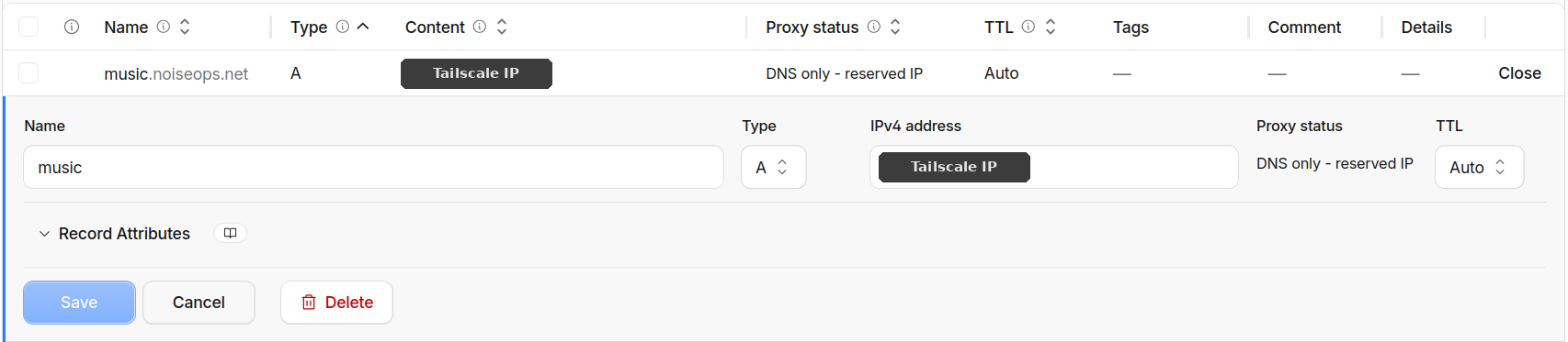 The music A record on Cloudflare set to DNS only, with the Tailscale IP hidden