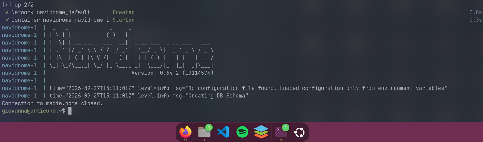 First start, Navidrome 0.64.2 creating its database