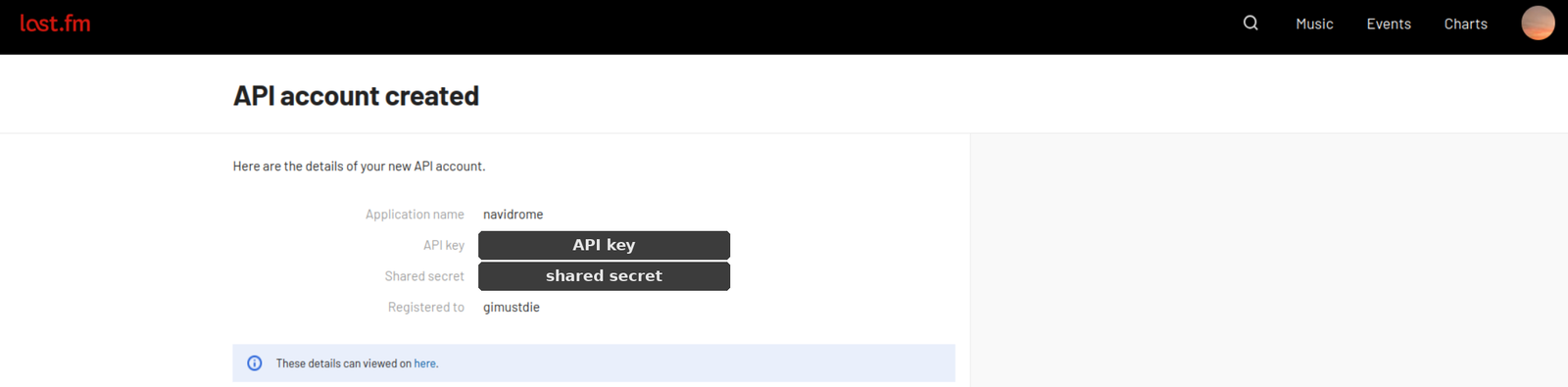 Last.fm API account created, with the API key and shared secret hidden