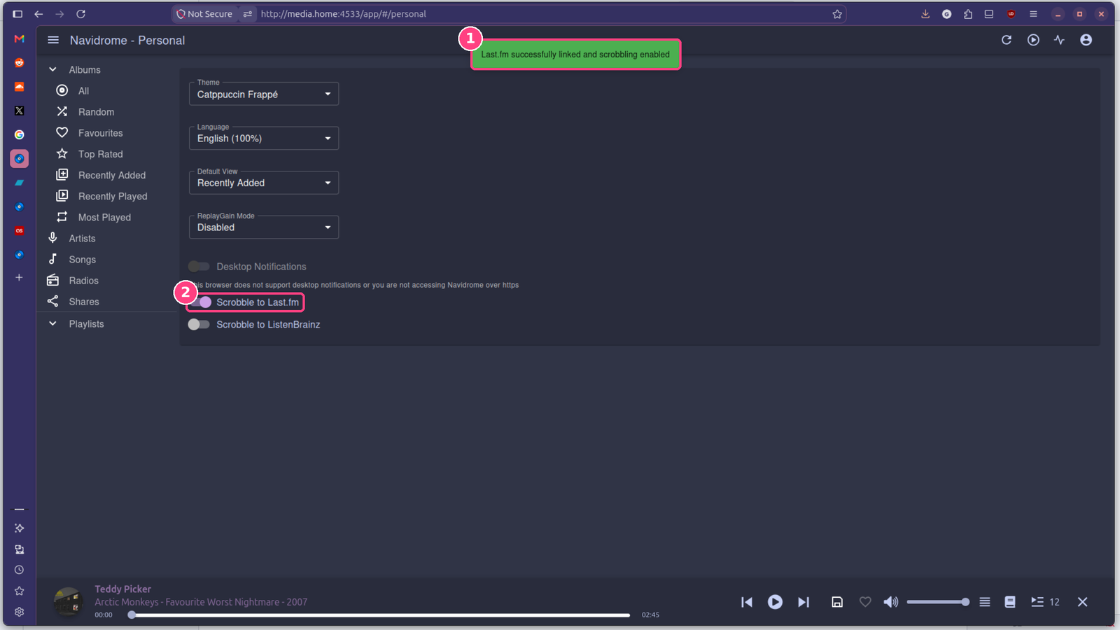Last.fm linked and scrobbling enabled on Navidrome's Personal screen