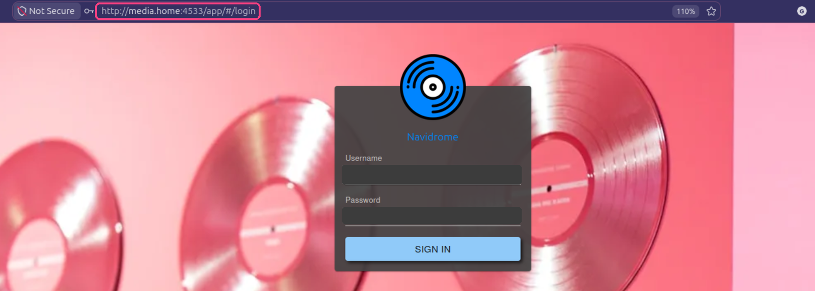 Navidrome login screen on the local network, URL highlighted and credentials hidden
