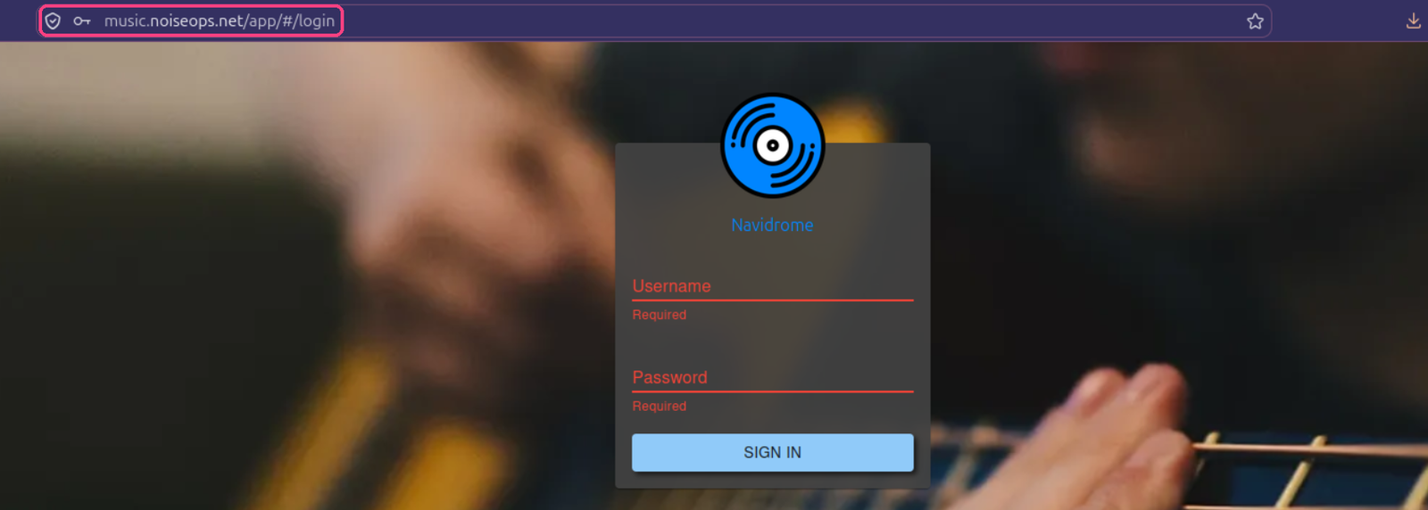 Navidrome login screen at music.noiseops.net over HTTPS, URL highlighted