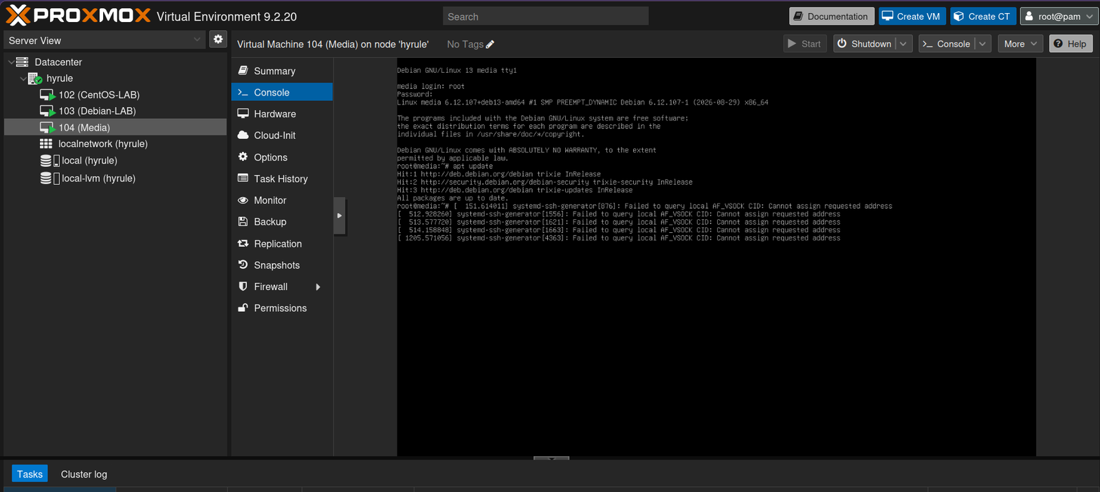 Proxmox VE with VM 104 (Media) running Debian 13